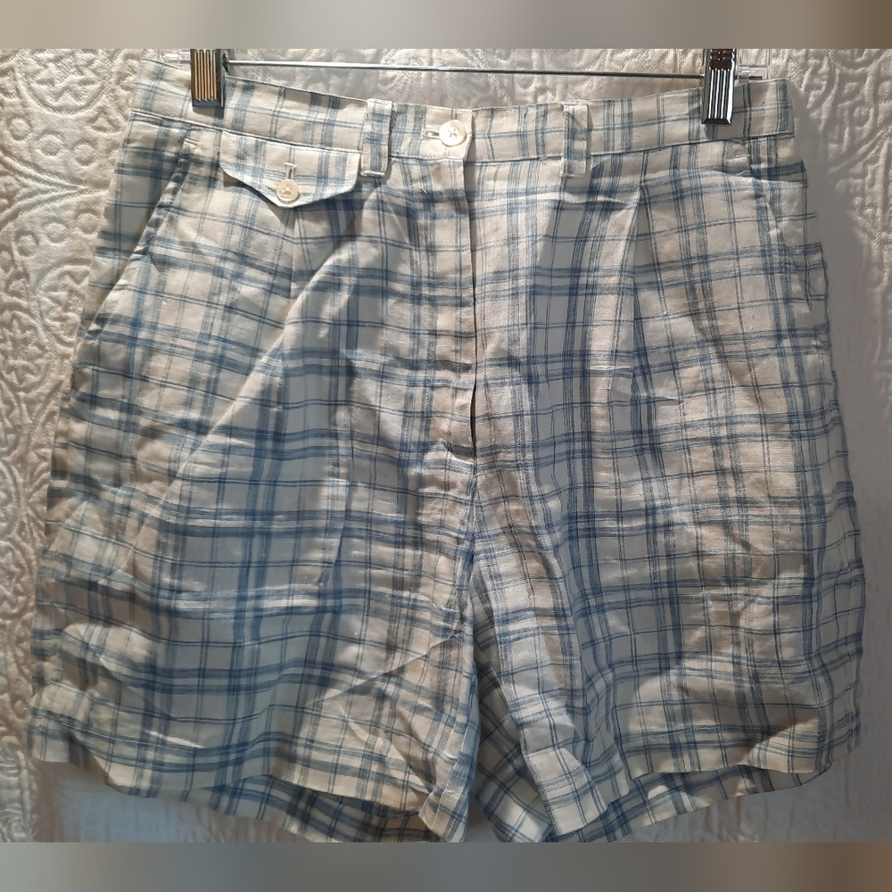 Lauren Ralph Lauren Womans Shorts 6 Blue Plaid Linen Preppy Classic Lightweight